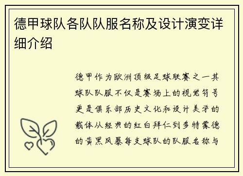 德甲球队各队队服名称及设计演变详细介绍